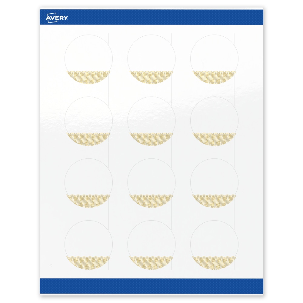 Avery Printable Labels With Sure Feed Technology, S00-EWW, Round, 2in, Glossy White With Preprinted Gold Lace Trim Pattern, Pack Of 120 MPN:S00-EWW-PRWGP10