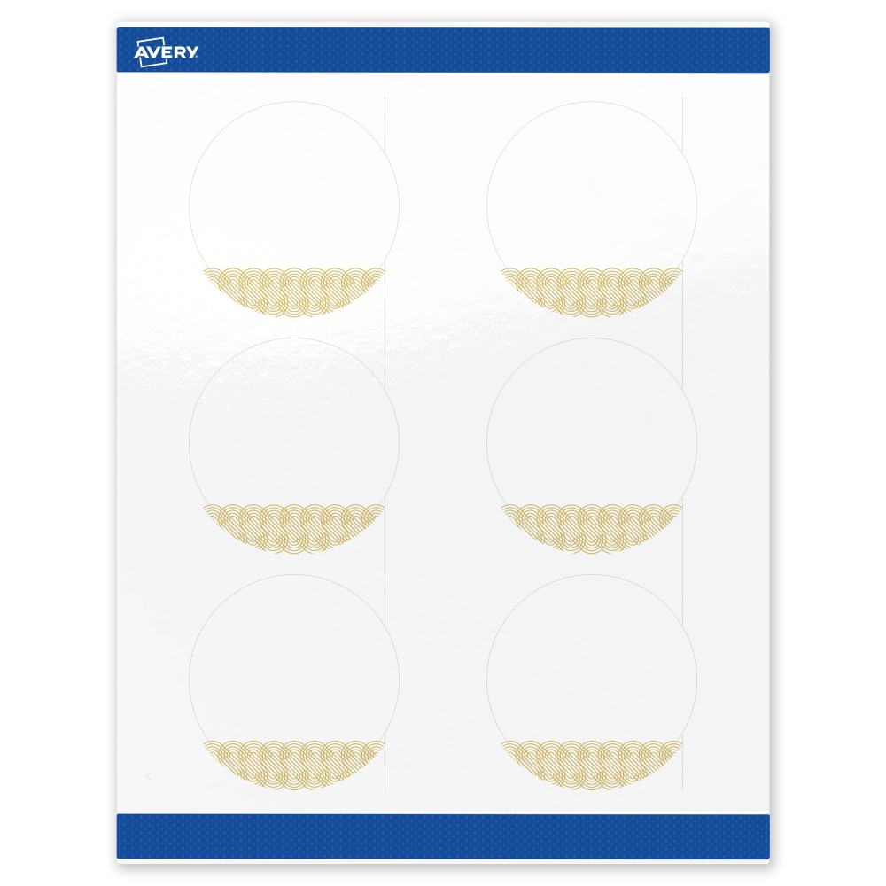 Avery Printable Labels With Sure Feed Technology, S00-EWX, Round, 3in, Glossy White With Preprinted Gold Lace Trim Pattern, Pack Of 60 MPN:S00-EWX-PRWGP10