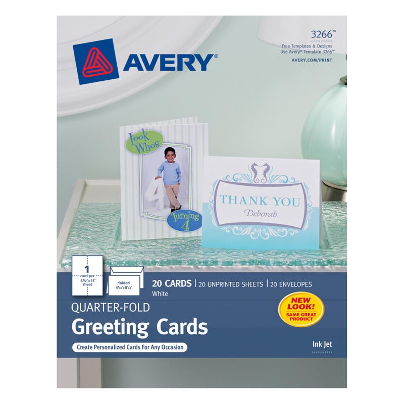 Avery Quarter-Fold Greeting Card Stock With Envelopes, Matte White, 4.25in x 5.5in, 80 Lb, Pack Of 20 (Min Order Qty 5) MPN:3266
