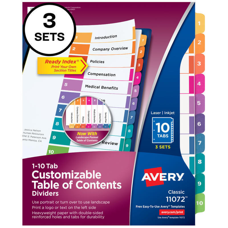 Avery Ready Index 1-10 Tab Binder Dividers With Customizable Table Of Contents, 8-1/2in x 11in, 10 Tab, White/Multicolor, Pack Of 3 Sets MPN:11072