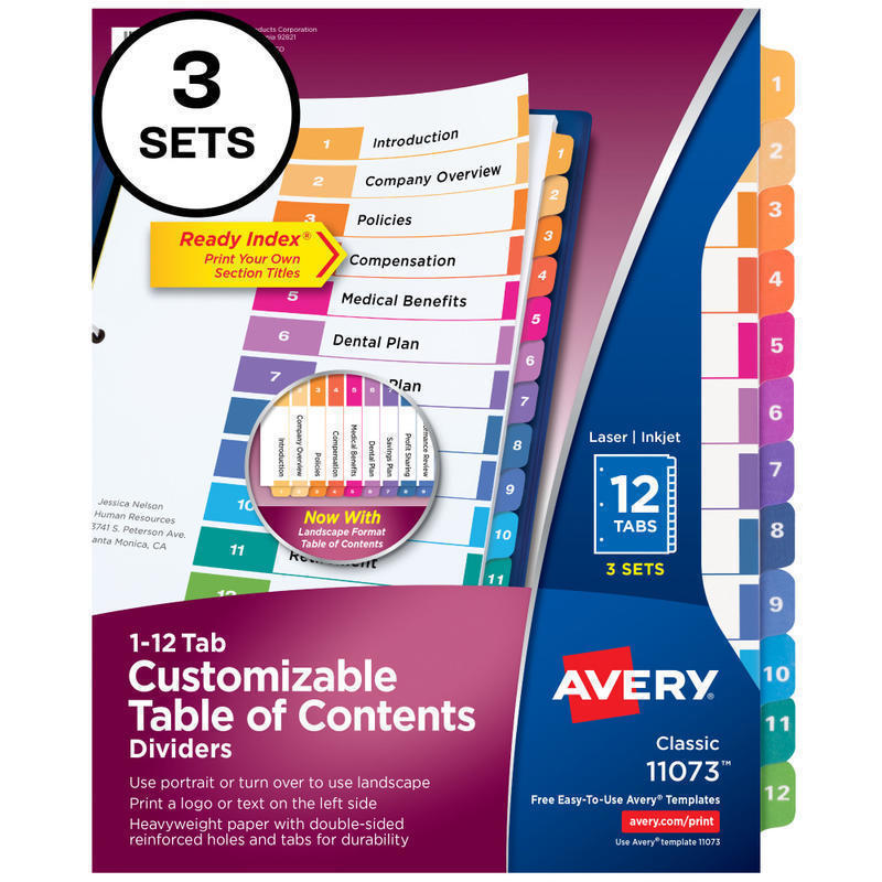 Avery Ready Index 1-12 Tab Binder Dividers With Customizable Table Of Contents, 8-1/2in x 11in, 12 Tab, White/Multicolor, Pack Of 3 Sets MPN:11073