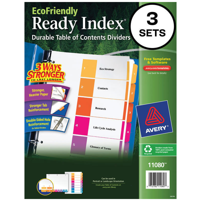 Avery Ready Index 100% Recycled Dividers, 1-5 Tabs & Customizable Table Of Contents, Letter Size, White Dividers/Multicolor Tabs, Pack Of 3 Sets MPN:11080