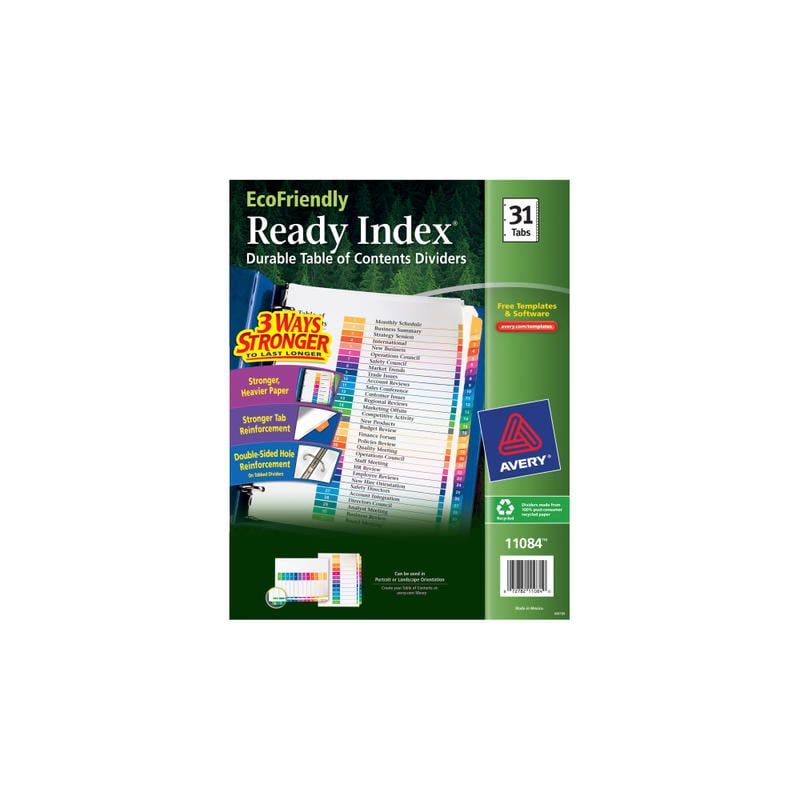 Avery Customizable Table of Contents Ready Index Dividers with Multicolor Tabs, 31-Tab, 1 to 31, 11 x 8.5, White, 1 Set MPN:11084