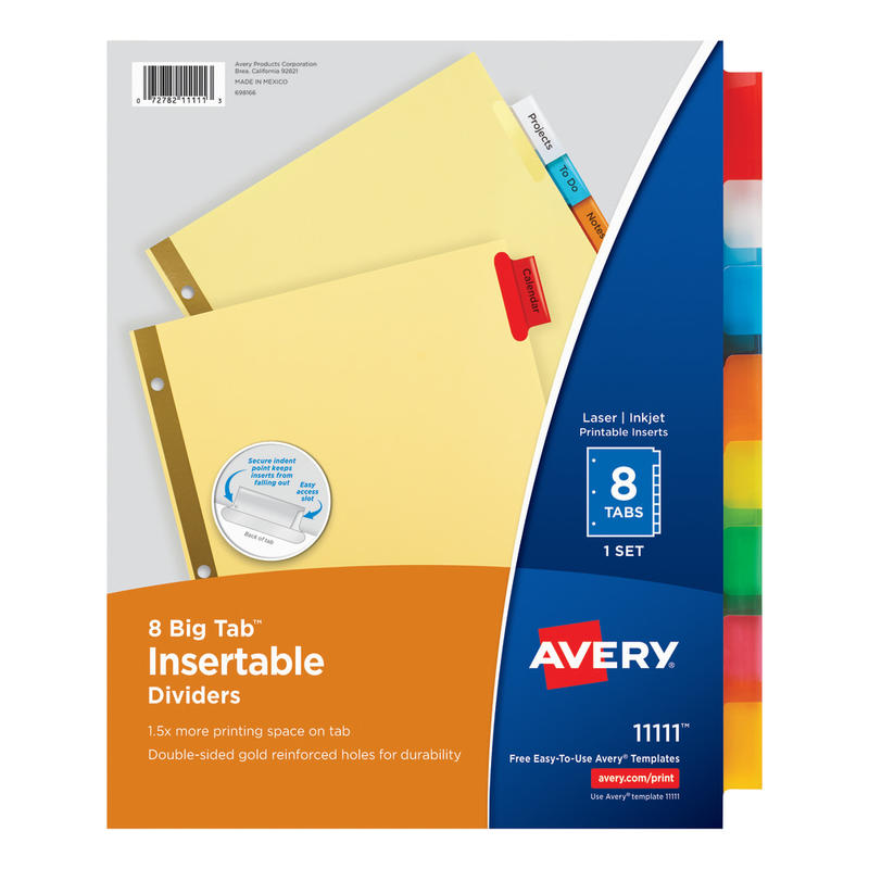 Avery Big Tab Insertable Dividers, Gold Reinforced, Buff/Multicolor, 8-Tab MPN:11111