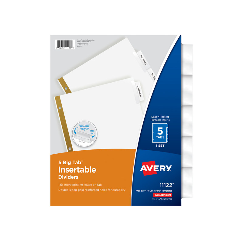 Avery Big Tab Insertable Dividers Gold Reinforced Edge, White/Clear, 5-Tab MPN:11122
