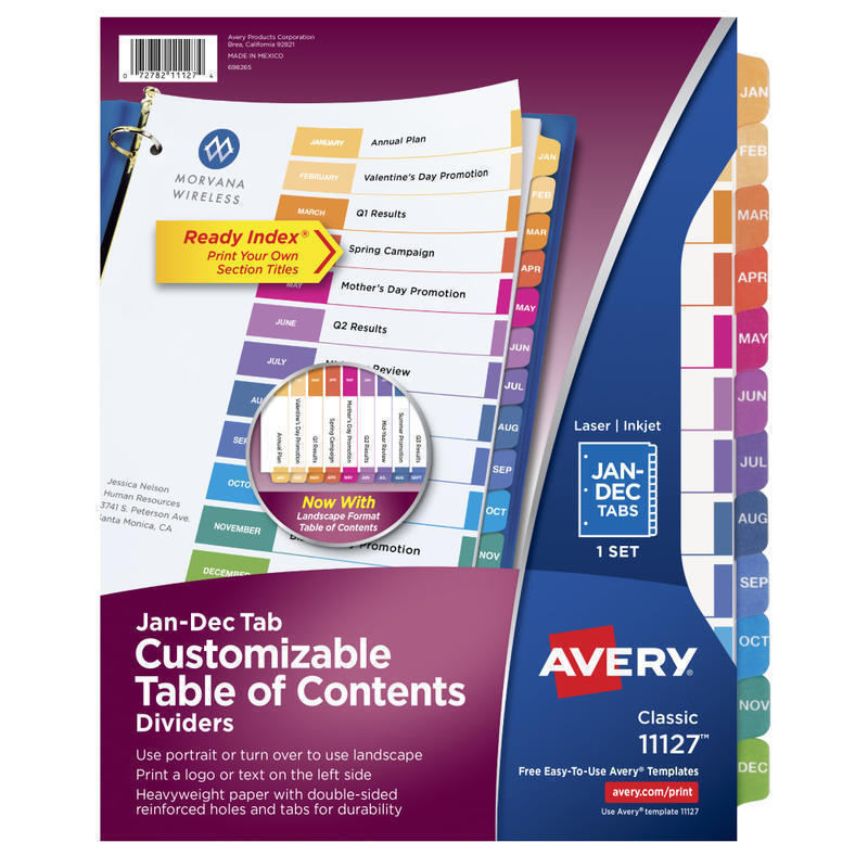 Avery Ready Index Jan-Dec Tab With Customizable Table Of Contents Binder Dividers, 8-1/2in x 11in, 12 Tab, Multicolor, 1 Set MPN:11127