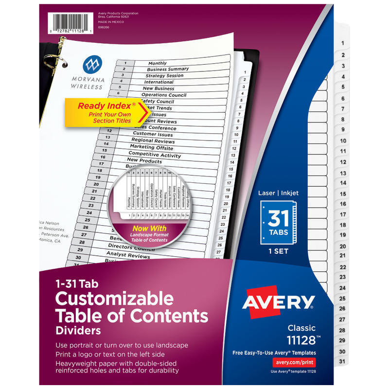 Avery Ready Index 1-31 Tab With Customizable Table Of Contents Dividers, Letter Size, 31 Tab, White, 1 Set MPN:11128