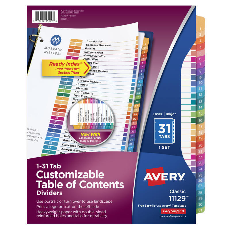 Avery Ready Index 1-31 Tab Binder Dividers With Customizable Table Of Contents, 8-1/2in x 11in, 31 Tab, White/Multicolor, 1 Set MPN:11129