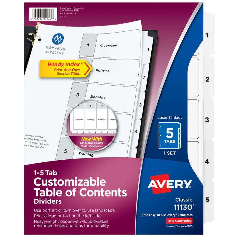Avery Ready Index 1-5 Tab With Customizable Table Of Contents Dividers, Letter Size, 5 Tab, White, 1 Set (Min Order Qty 26) MPN:11130