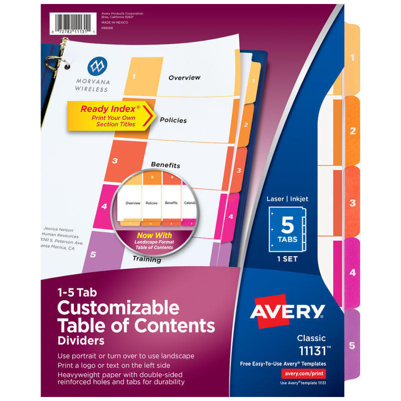 Avery Ready Index 1-5 Tab Binder Dividers With Customizable Table Of Contents, 8-1/2in x 11in, 5 Tab, White/Multicolor, 1 Set MPN:11131