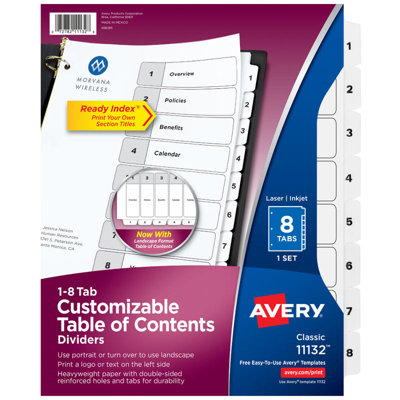 Avery Ready Index 1-8 Tab With Customizable Table Of Contents Dividers, Letter Size, 8 Tab, White, 1 Set MPN:11132