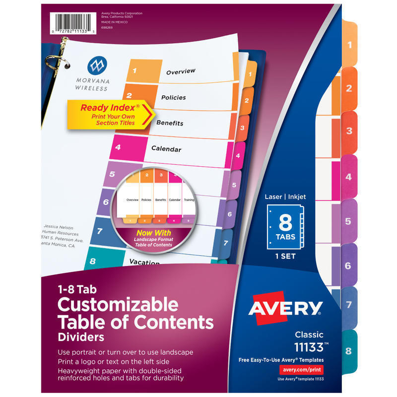 Avery Ready Index 1-8 Tab Binder Dividers With Customizable Table Of Contents, 8-1/2in x 11in, 8 Tab, White/Multicolor, 1 Set MPN:11133