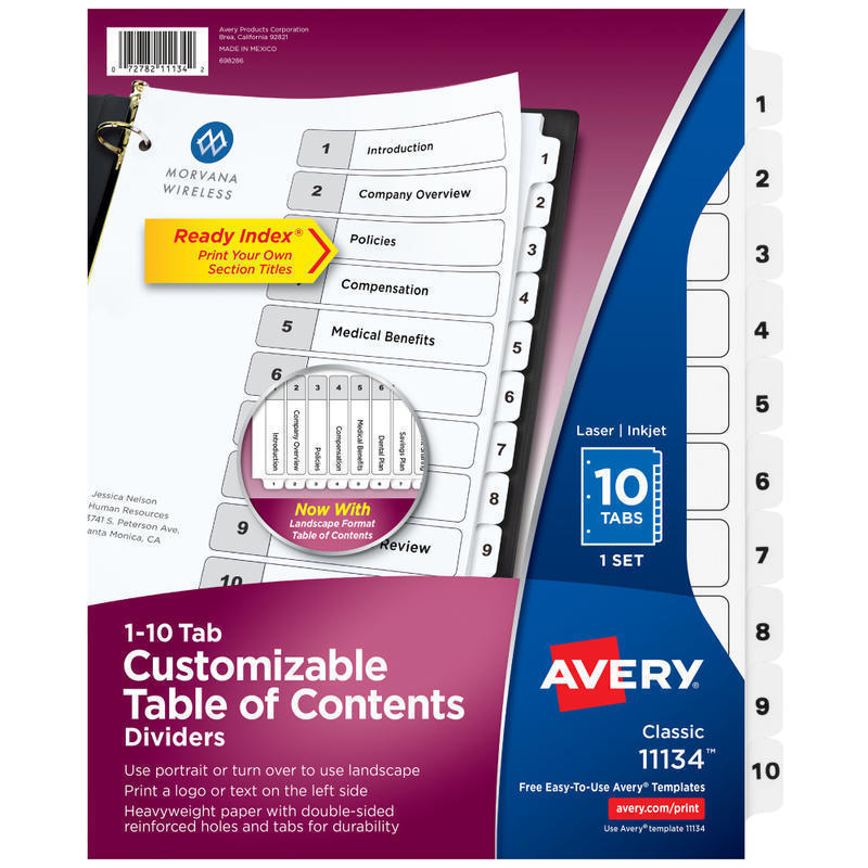 Avery Ready Index 1-10 Tab With Customizable Table Of Contents Dividers, Letter Size, 10 Tab, White, 1 Set (Min Order Qty 23) MPN:11134