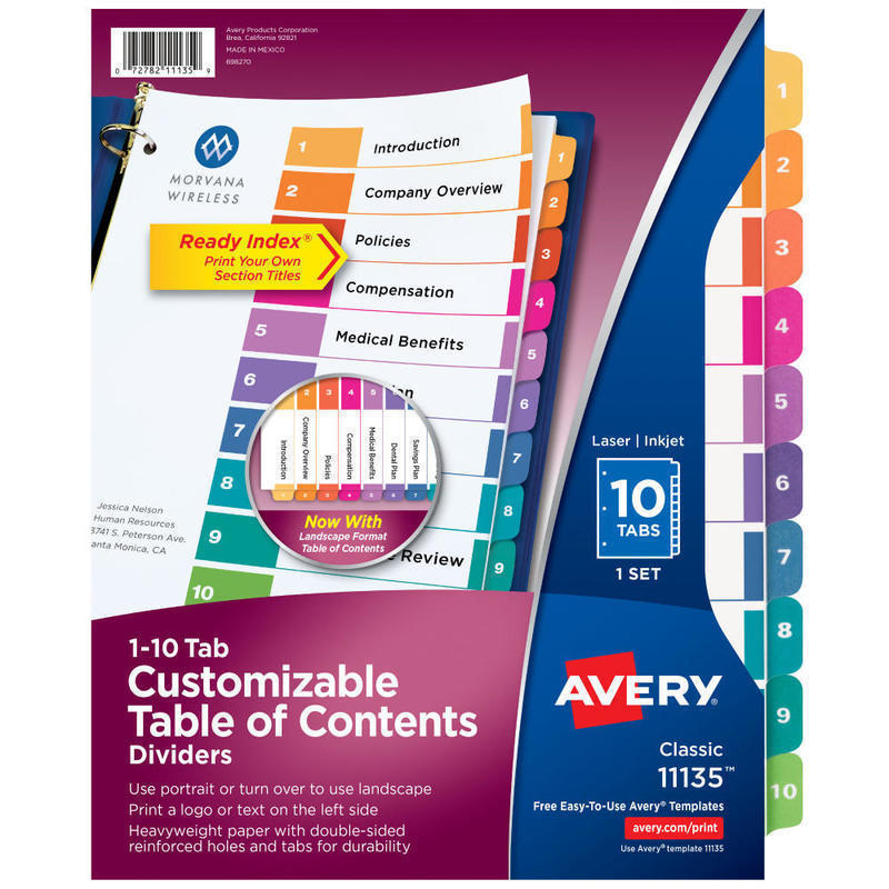 Avery Ready Index 1-10 Tab Binder Dividers With Customizable Table Of Contents, 8-1/2in x 11in, 10 Tab, White/Multicolor, 1 Set MPN:11135