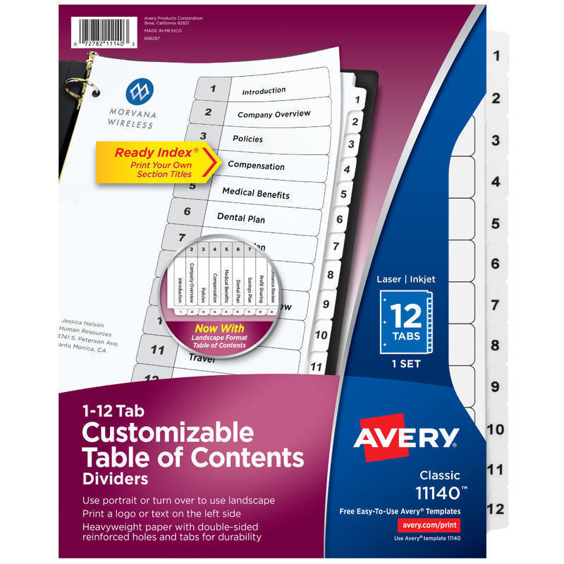 Avery Ready Index 1-12 Tab With Customizable Table Of Contents Dividers, Letter Size, White, 1 Set MPN:11140