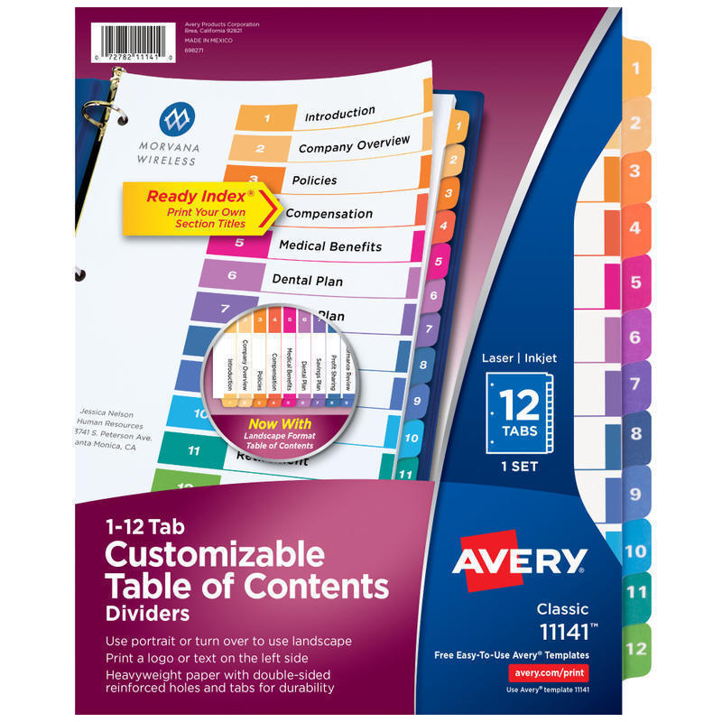 Avery Ready Index 1-12 Tab With Customizable Table Of Contents Binder Dividers, 8-1/2in x 11in, 12 Tab, Multicolor, 1 Set MPN:11141