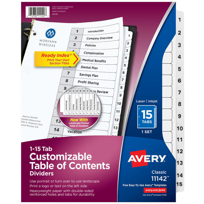 Avery Ready Index 1-15 Tab With Customizable Table Of Contents Dividers, Letter Size, 15 Tab, White, 1 Set MPN:11142