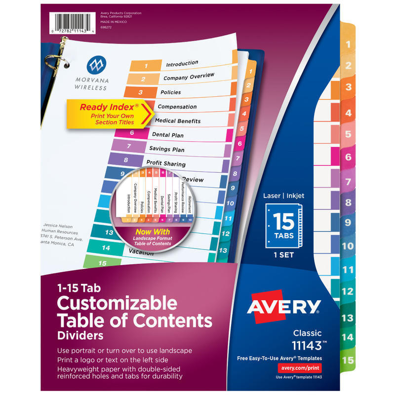 Avery Ready Index 1-15 Tab Binder Dividers With Customizable Table Of Contents, 8-1/2in x 11in, 15 Tab, White/Multicolor, 1 Set MPN:11143
