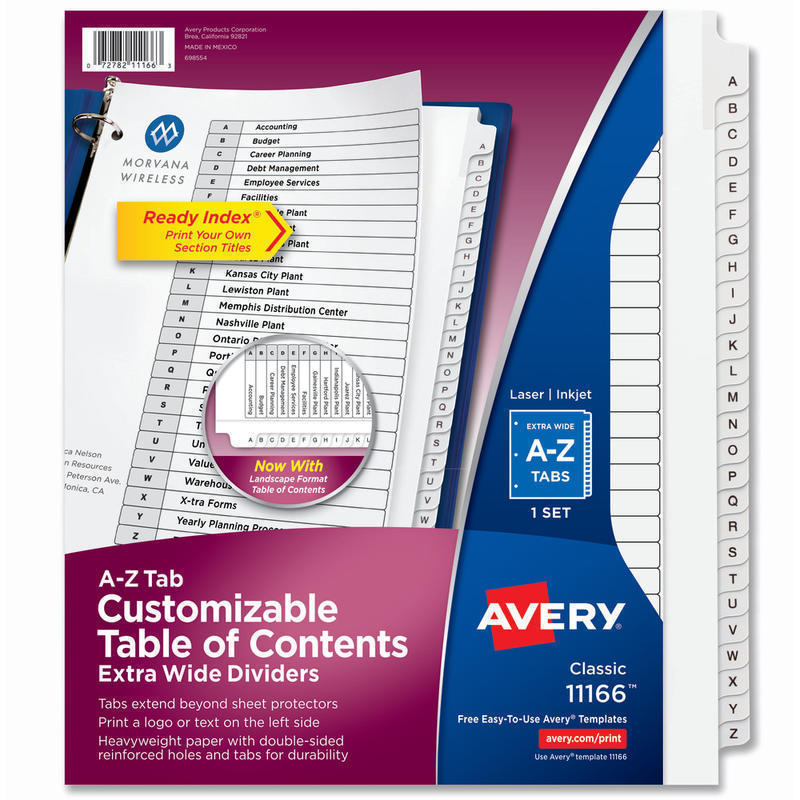 Avery Extra-Wide A-Z Tab With Customizable Table of Contents Dividers For 3 Ring Binders, 9-1/4in x 11in, 26 Tab, White, 1 Set MPN:11166