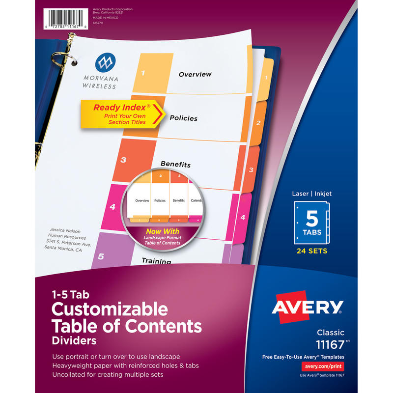 Avery Ready Index 1-5 Tab Binder Dividers With Customizable Table of Contents, 8-1/2in x 11in, 5 Tab, White/Multicolor, Box Of 24 Sets MPN:11167