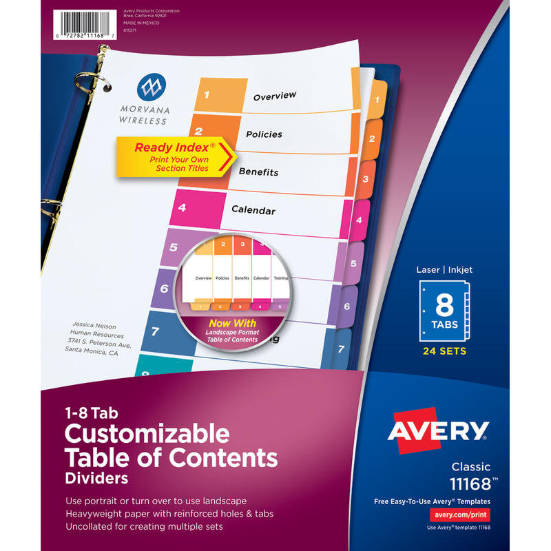 Avery Ready Index 1-8 Tab Binder Dividers With Customizable Table Of Contents, 8-1/2in x 11in, 8 Tab, White/Multicolor, Box Of 24 Sets MPN:11168