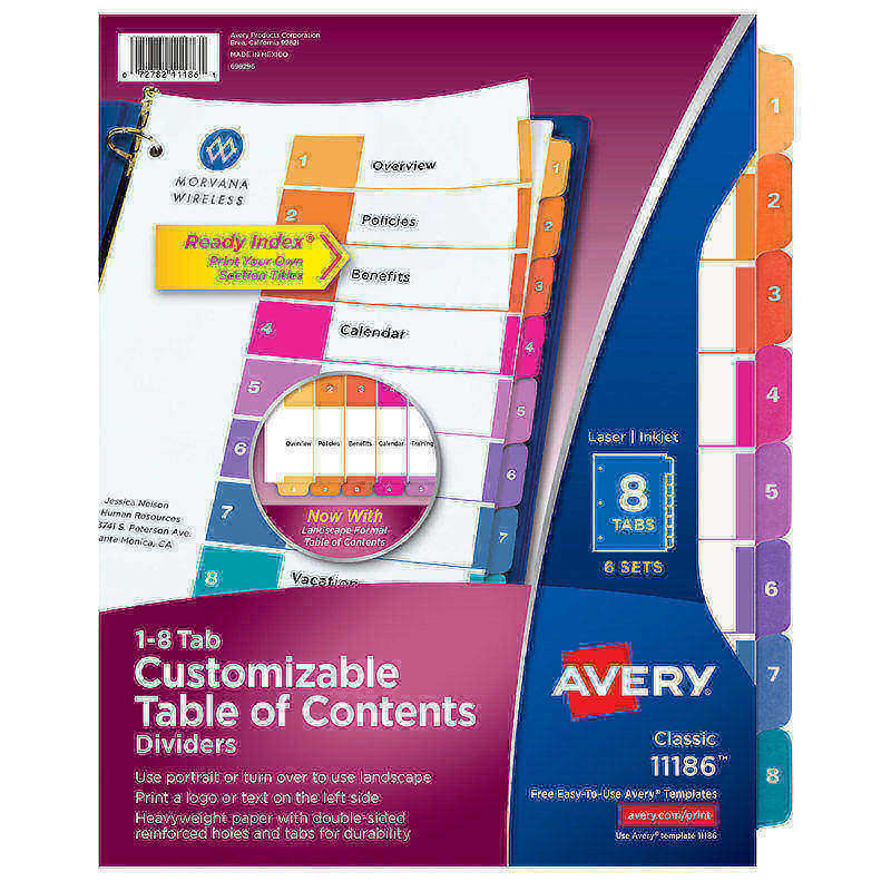 Avery Ready Index 1-8 Tab Binder Dividers With Customizable Table Of Contents, 8-1/2in x 11in, 8 Tab, White/Multicolor, Pack Of 6 Sets MPN:11186