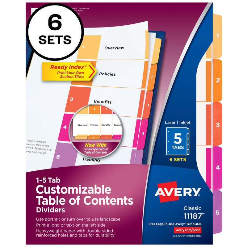 Avery Ready Index 1-5 Tab Binder Dividers With Customizable Table Of Contents, 8-1/2in x 11in, 5 Tab, White/Multicolor, Pack Of 6 Sets MPN:11187