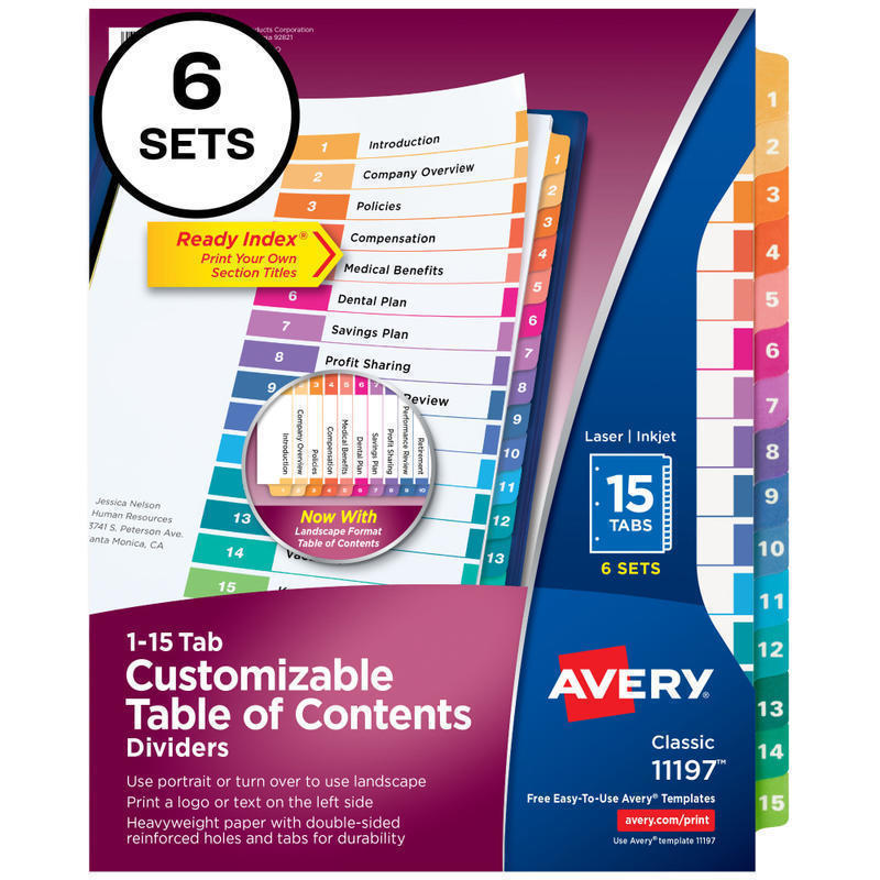 Avery Ready Index 1-15 Tab Binder Dividers With Customizable Table Of Contents, 8-1/2in x 11in, 15 Tab, White/Multicolor, Pack Of 6 Sets MPN:11197