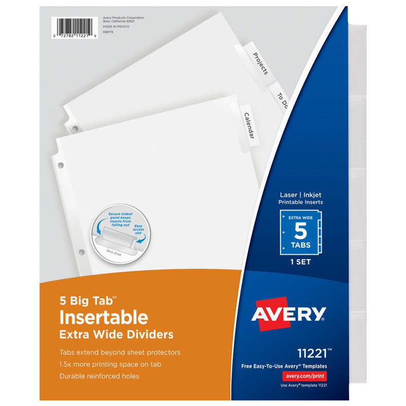 Avery Big Tab Extra-Wide Insertable Dividers, Clear Reinforced, White/Clear, 5-Tab (Min Order Qty 37) MPN:11221