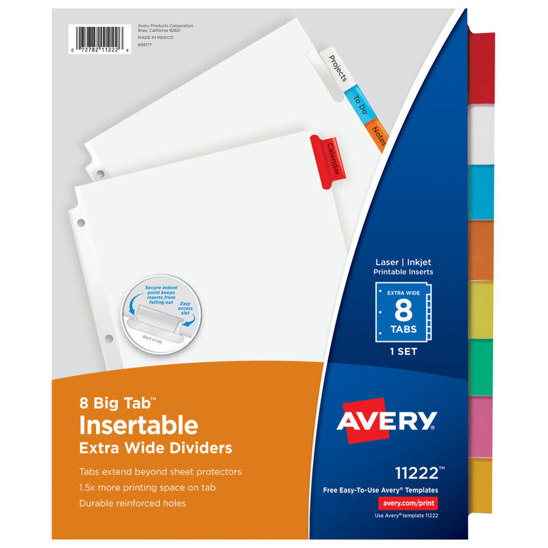 Avery Big Tab Extra-Wide Insertable Dividers, Clear Reinforced, White/Multicolor, 8-Tab MPN:11222