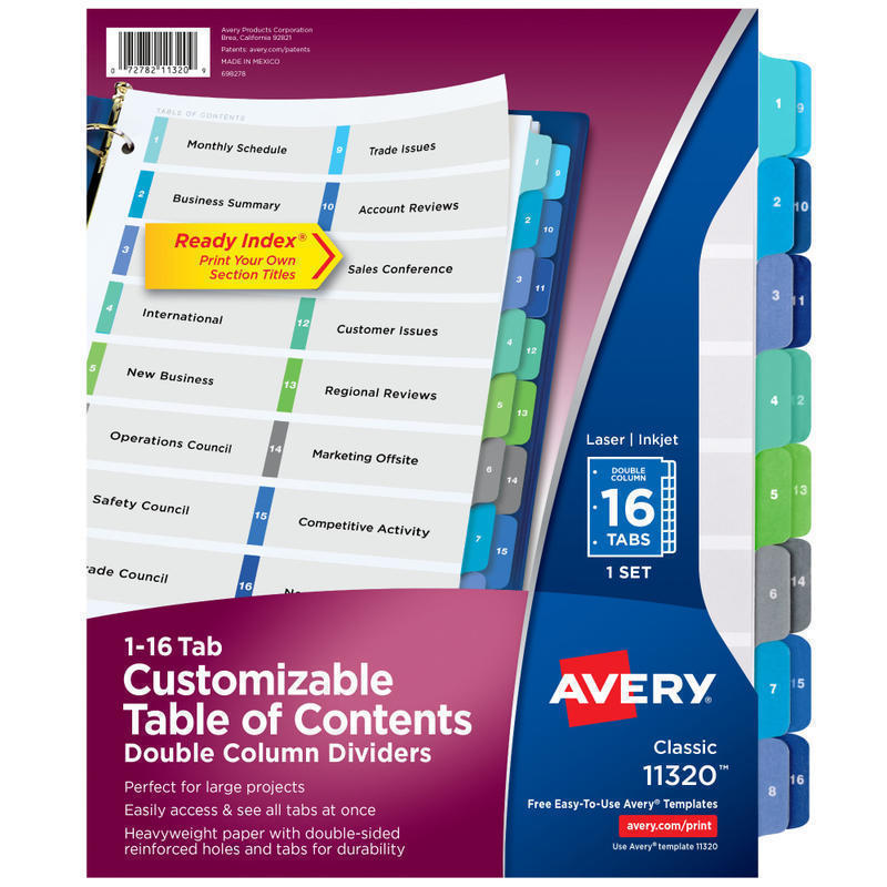 Avery Ready Index 1-16 Tab Double Column Binder Dividers With Customizable Table Of Contents, 8-1/2in x 11in, 16 Tab, White/Multicolor, 1 Set MPN:11320