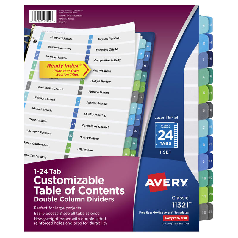 Avery Ready Index 1-24 Tab Double Column Binder Dividers With Customizable Table Of Contents, 8-1/2in x 11in, 24 Tab, White/Multicolor, 1 Set MPN:11321