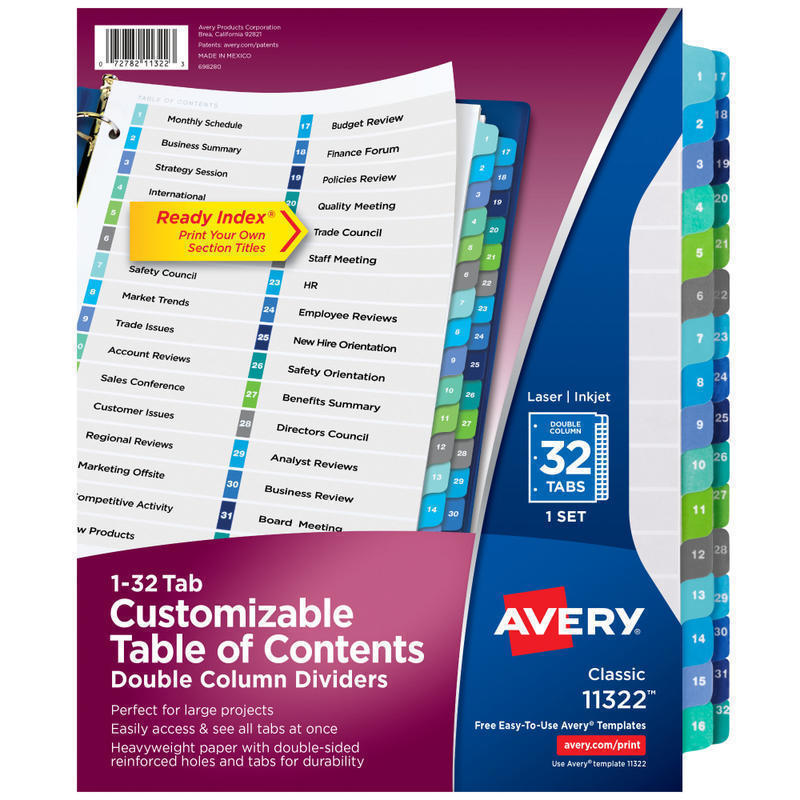 Avery Ready Index 1-32 Tab Double Column Binder Dividers With Customizable Table Of Contents  8-1/2in x 11in  32 Tab  White/Multicolor  1 Set MPN:11322