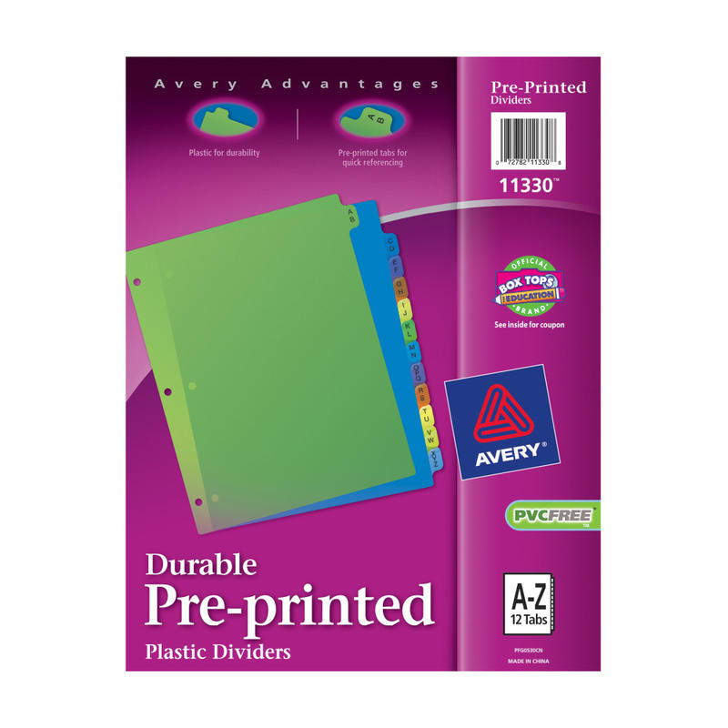 Avery Preprinted Plastic Dividers, A-Z, 12-Tab, Multicolor, 1 Set MPN:11330