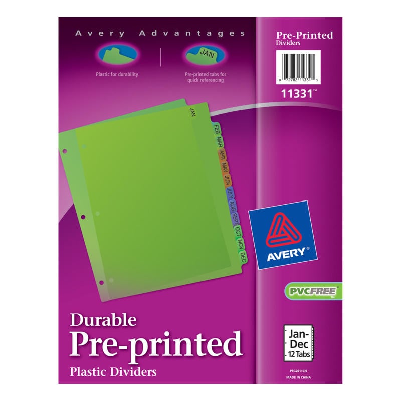 Avery Preprinted Tab Plastic Dividers, 8 1/2in x 11in, Jan-Dec Tabs, Multicolor, Set Of 12 MPN:11331