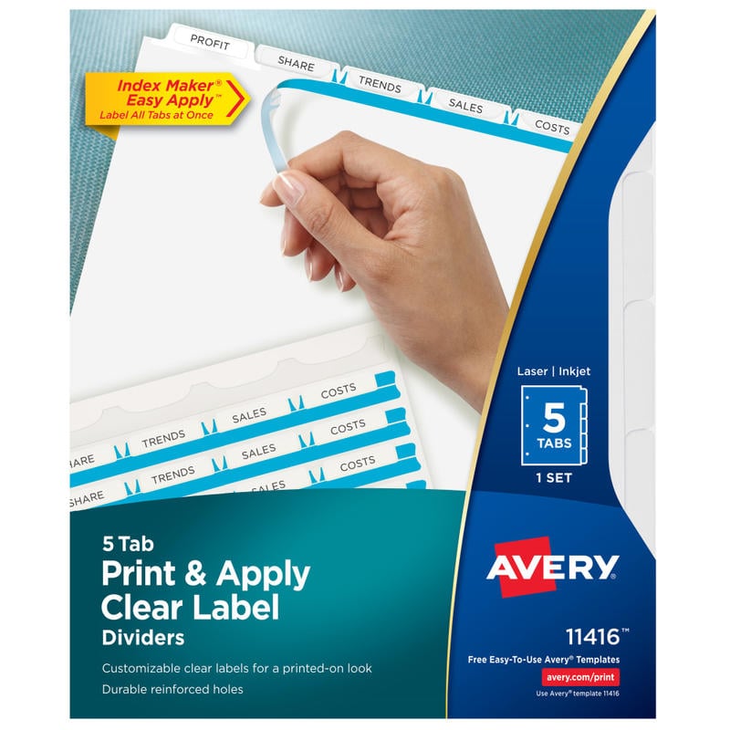 Avery Customizable Index Maker Dividers For 3 Ring Binder, Easy Print & Apply Clear Label Strip, 5 Tab, White, 1 Set MPN:11416