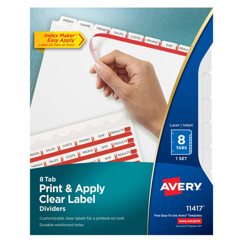 Avery Customizable Index Maker Dividers For 3 Ring Binder, Easy Print & Apply Clear Label Strip, 8 Tab, White, 1 Set MPN:11417