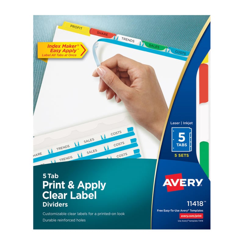 Avery Customizable Index Maker Dividers For 3 Ring Binder, Easy Print & Apply Clear Label Strip, 5 Tab, Multicolor, Pack Of 5 Sets MPN:11418