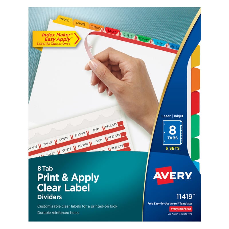 Avery Customizable Index Maker Dividers For 3 Ring Binder, Easy Print & Apply Clear Label Strip, 8 Tab, Multicolor, Pack Of 5 Sets MPN:11419