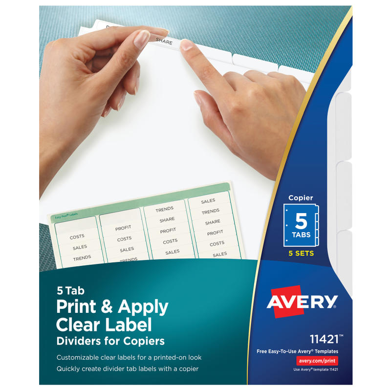 Avery Customizable Index Maker Dividers For 3 Ring Binder, Easy Print & Apply Clear Label Strip, 5 Tab, White, Copier, Pack Of 5 Sets MPN:11421