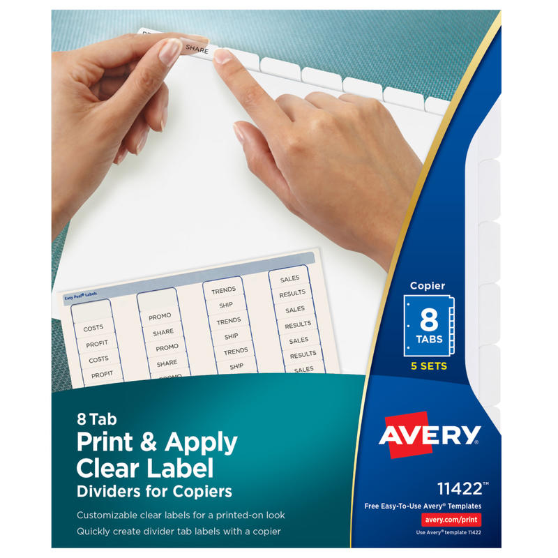 Avery Print & Apply Clear Label Dividers With Index Maker Easy Apply Printable Label Strip for Copiers, 8-1/2in x 11in, 8-Tab, White, Pack of 5 Sets MPN:11422