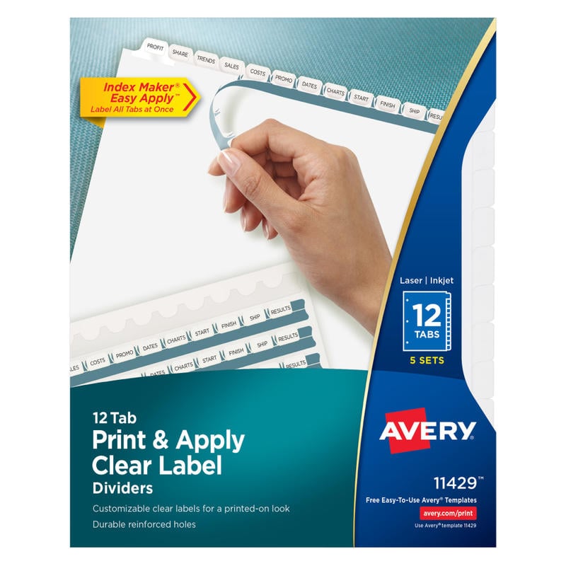 Avery Customizable Index Maker Dividers For 3 Ring Binder, Easy Print & Apply Clear Label Strip, 12 Tab, White, Pack Of 5 Sets MPN:11429