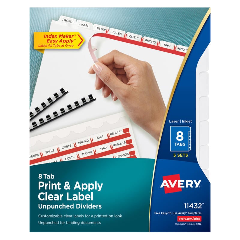 Avery Print & Apply Clear Label Dividers With Index Maker Easy Apply Printable Label Strip And White Tabs, 8-Tab, Box Of 5 Sets MPN:11432