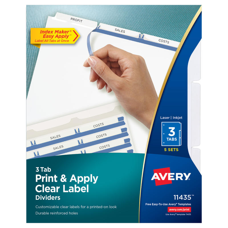 Avery Customizable Index Maker Dividers For 3 Ring Binder, Easy Print & Apply Clear Label Strip, 3 Tab, White, Pack Of 5 Sets MPN:11435