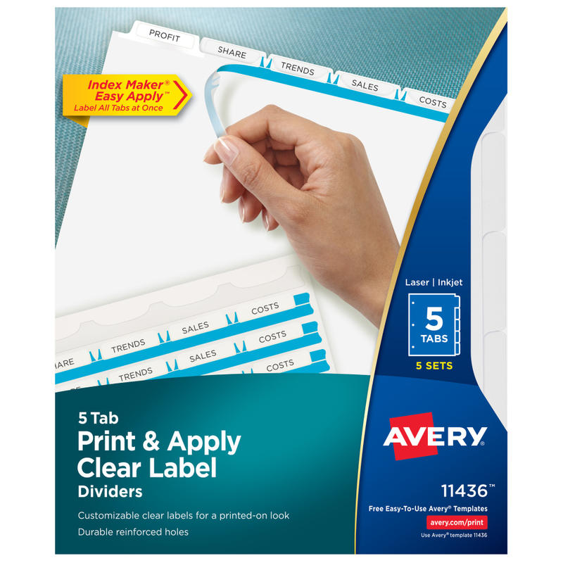 Avery Customizable Index Maker Dividers for 3 Ring Binder, Easy Print & Apply Clear Label Strip, 5 Tab, White, Laser Printer, Pack Of 5 Sets MPN:11436