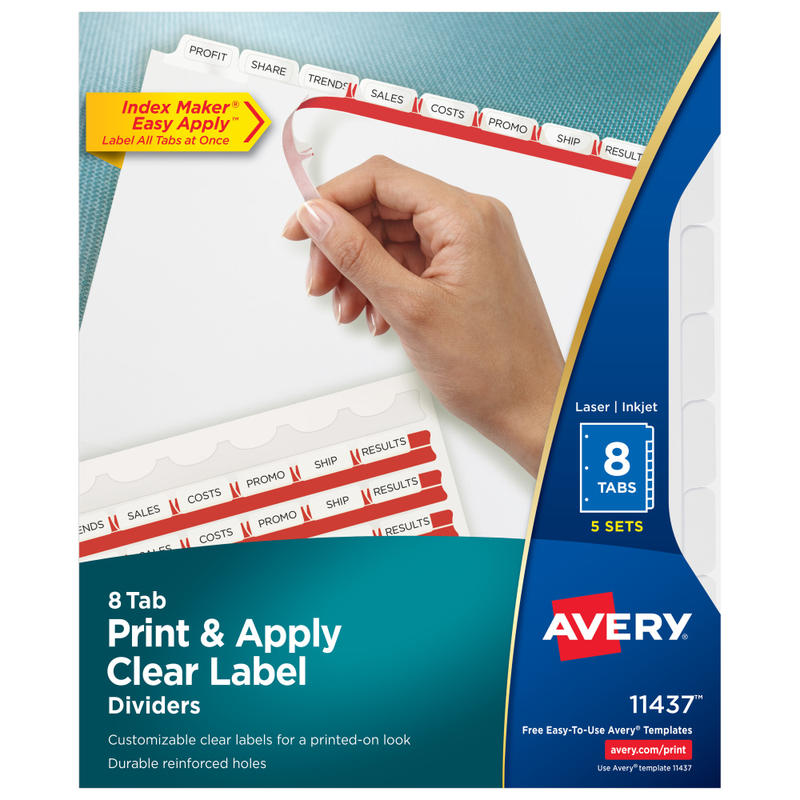 Avery Customizable Index Maker Dividers For 3 Ring Binder, Easy Print & Apply Clear Label Strip, 8 Tab, White, Pack Of 5 Sets MPN:11437
