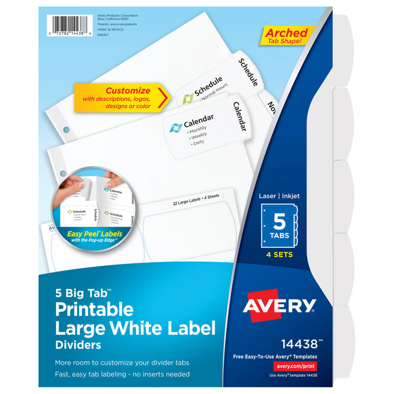 Avery Big Tab Printable Large Label Dividers With Easy Peel, 8 1/2in x 11in, 5 Tab, White, Pack Of 4 MPN:11438