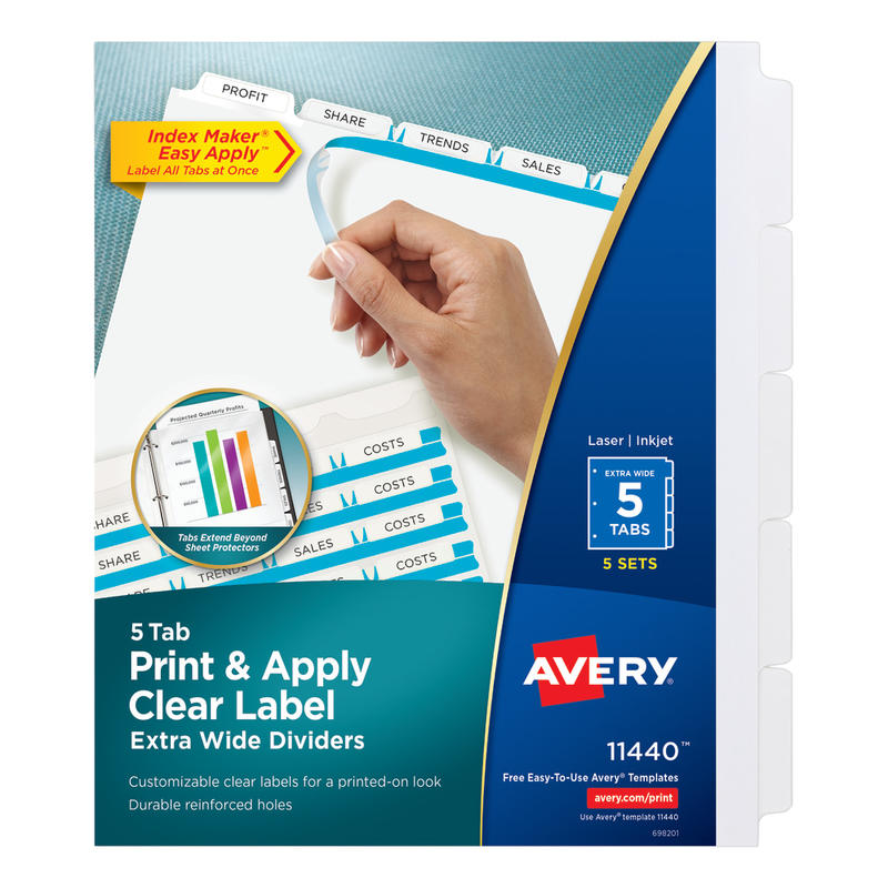 Avery Customizable Index Maker Extra-Wide Dividers For 3 Ring Binder, Easy Print & Apply Clear Label Strip, 5 Tab, Pack Of 5 Sets MPN:11440