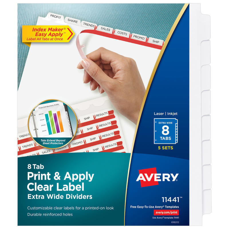 Avery Customizable Index Maker Extra-Wide Dividers For 3 Ring Binder, Easy Print & Apply Clear Label Strip, 8 Tab, Pack Of 5 Sets MPN:11441