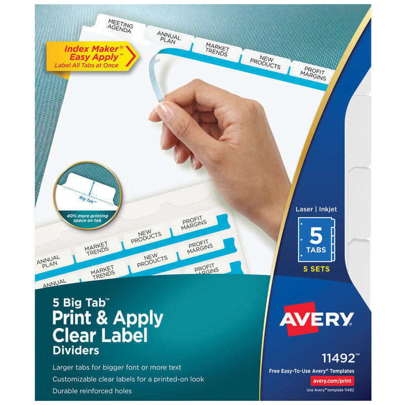 Avery Big Tab Print & Apply Clear Label Dividers with Index Maker Easy Apply Printable Label Strip, 5-Tab, White, Pack of 5 Sets MPN:11492